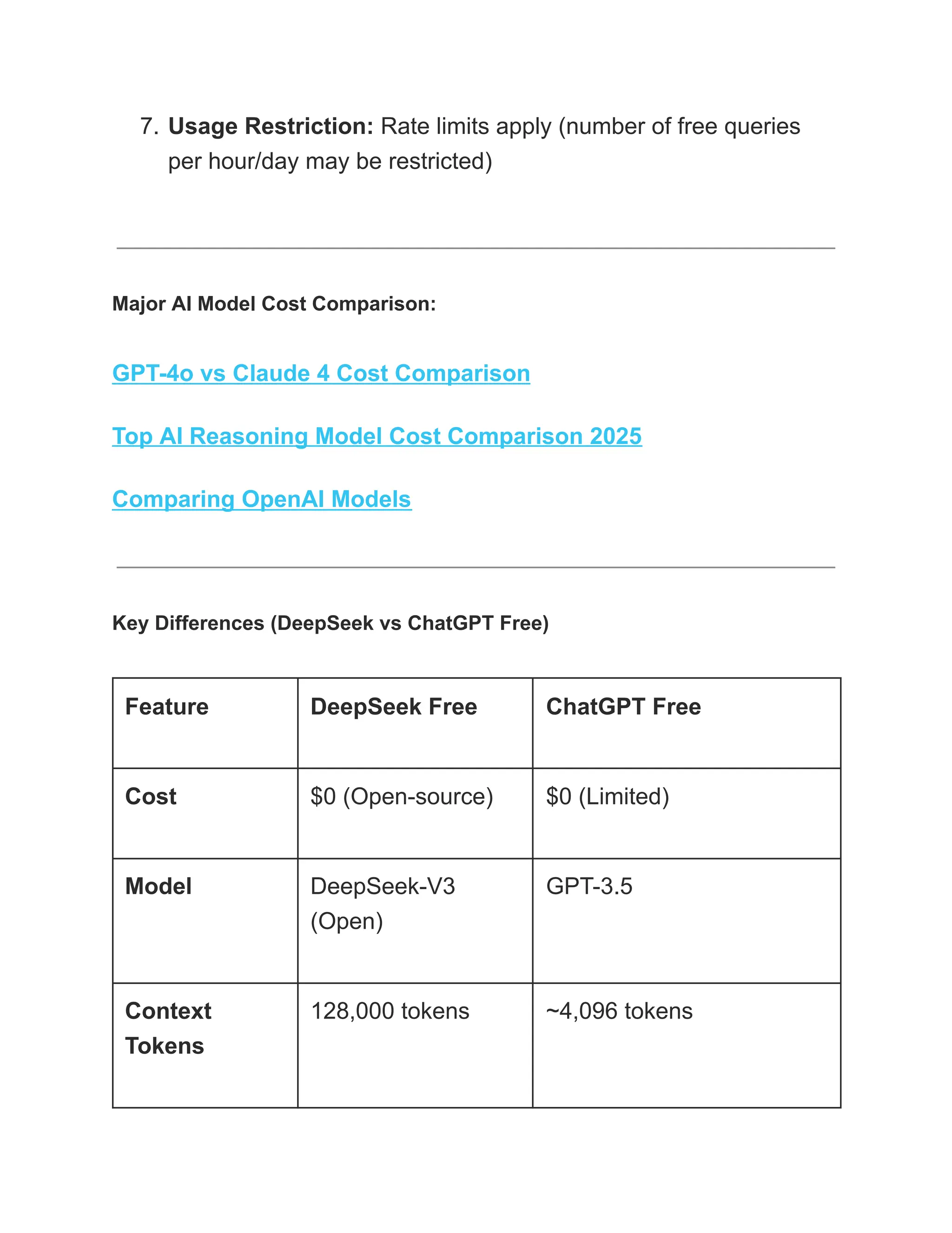 7.​Usage Restriction: Rate limits apply (number of free queries
per hour/day may be restricted)
Major AI Model Cost Comparison:
GPT-4o vs Claude 4 Cost Comparison
Top AI Reasoning Model Cost Comparison 2025
Comparing OpenAI Models
Key Differences (DeepSeek vs ChatGPT Free)
Feature DeepSeek Free ChatGPT Free
Cost $0 (Open-source) $0 (Limited)
Model DeepSeek-V3
(Open)
GPT-3.5
Context
Tokens
128,000 tokens ~4,096 tokens
 