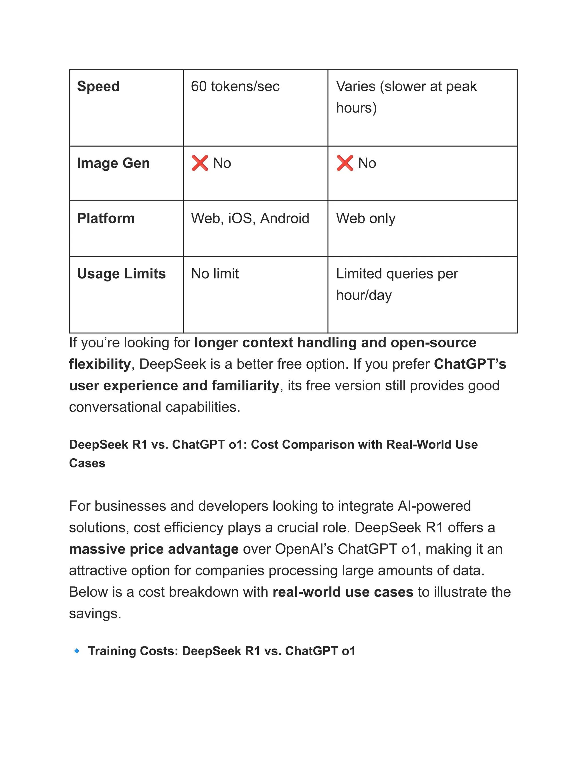 Speed 60 tokens/sec Varies (slower at peak
hours)
Image Gen ❌No ❌No
Platform Web, iOS, Android Web only
Usage Limits No limit Limited queries per
hour/day
If you’re looking for longer context handling and open-source
flexibility, DeepSeek is a better free option. If you prefer ChatGPT’s
user experience and familiarity, its free version still provides good
conversational capabilities.
DeepSeek R1 vs. ChatGPT o1: Cost Comparison with Real-World Use
Cases
For businesses and developers looking to integrate AI-powered
solutions, cost efficiency plays a crucial role. DeepSeek R1 offers a
massive price advantage over OpenAI’s ChatGPT o1, making it an
attractive option for companies processing large amounts of data.
Below is a cost breakdown with real-world use cases to illustrate the
savings.
🔹Training Costs: DeepSeek R1 vs. ChatGPT o1
 