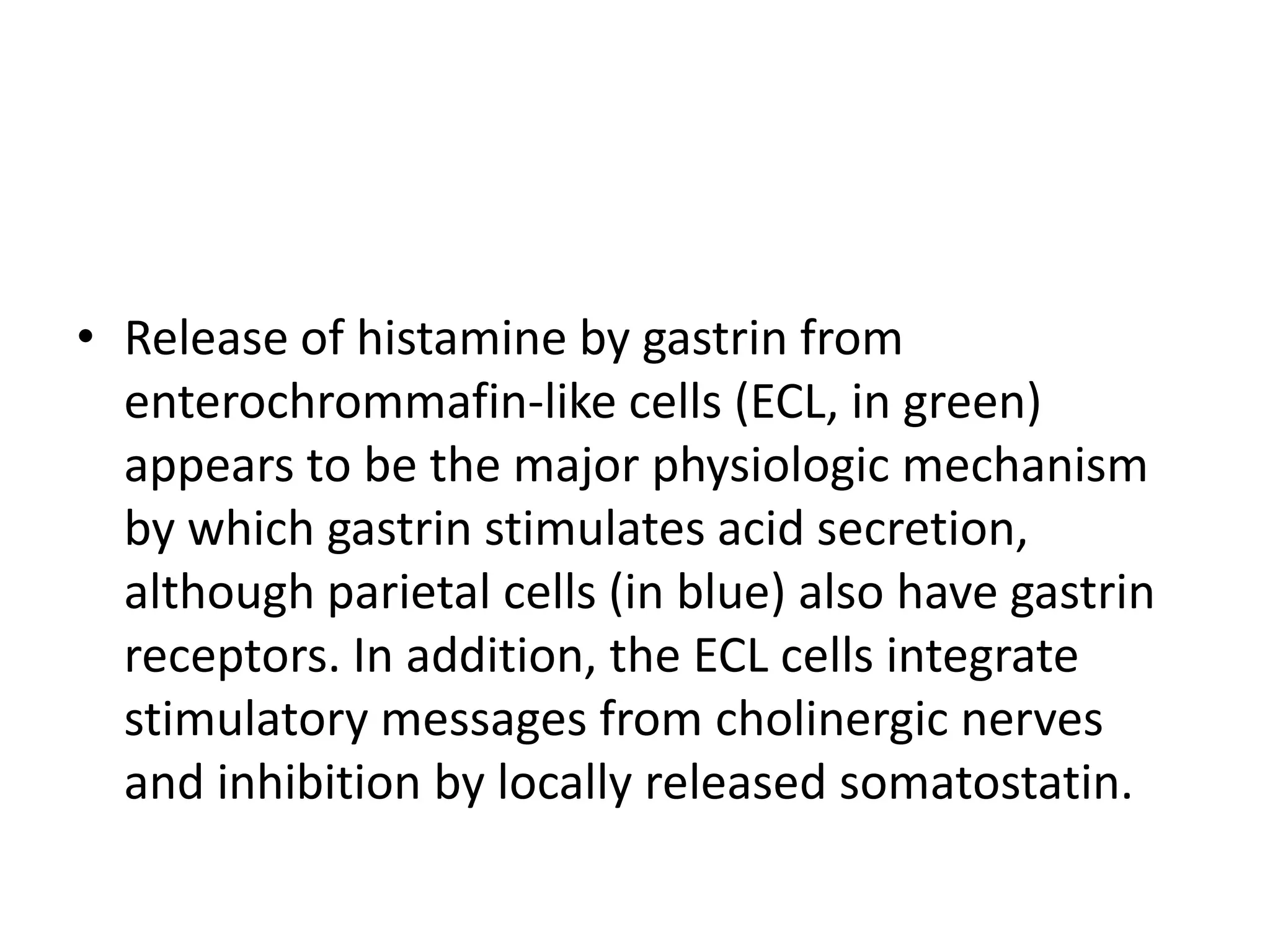 • Release of histamine by gastrin from
  enterochrommafin-like cells (ECL, in green)
  appears to be the major physiologic mechanism
  by which gastrin stimulates acid secretion,
  although parietal cells (in blue) also have gastrin
  receptors. In addition, the ECL cells integrate
  stimulatory messages from cholinergic nerves
  and inhibition by locally released somatostatin.
 