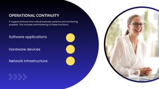 OPERATIONAL CONTINUITY
Software applications
IT support ensures that critical business systems are functioning
properly. This includes administering of these functions:
Hardware devices
Network infrastructure.
 
