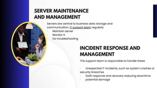 SERVER MAINTENANCE
AND MANAGEMENT
Servers are central to business data storage and
communication. IT support team regularly
· Maintain server
· Monitor it
· Do troubleshooting
The support team is responsible to handle these:
· Unexpected IT incidents, such as system crashes or
security breaches
· Swift response and recovery reducing downtime
· potential damage
INCIDENT RESPONSE AND
MANAGEMENT
 