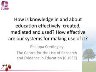 How is knowledge in and about 
education effectively created, 
mediated and used? How effective 
are our systems for making use of it? 
Philippa Cordingley 
The Centre for the Use of Research 
and Evidence in Education (CUREE) 
 