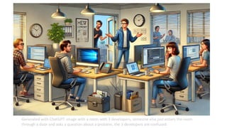 Generated with ChatGPT: image with a room with 3 developers, someone else just enters the room
through a door and asks a q...