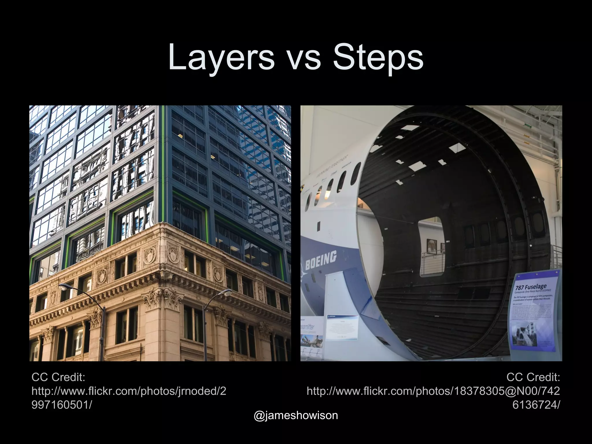 Layers vs Steps
CC Credit:
http://www.flickr.com/photos/18378305@N00/742
6136724/
CC Credit:
http://www.flickr.com/photos/jrnoded/2
997160501/
@jameshowison
 