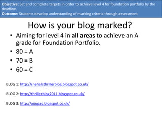 Objective: Set and complete targets in order to achieve level 4 for foundation portfolio by the
deadline.
Outcome: Students develop understanding of marking criteria through assessment


                How is your blog marked?
     • Aiming for level 4 in all areas to achieve an A
       grade for Foundation Portfolio.
     • 80 = A
     • 70 = B
     • 60 = C

  BLOG 1: http://snehalsthrillerblog.blogspot.co.uk/

  BLOG 2: http://thrillerblog2011.blogspot.co.uk/

  BLOG 3: http://anupac.blogspot.co.uk/
 