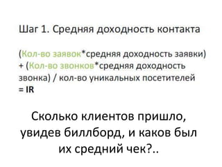Сколько клиентов пришло,
увидев биллборд, и каков был
их средний чек?..

 
