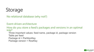 Storage
No relational database (why not?)
Event-driven architecture
How do you store a feed’s packages and versions in an ...