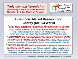 Truly the next “google” for
   advertising & traffic to Social Follower
   Markets – by & for Charity w/ Rewards


                 How Social Market Research for
                     Charity (SMRC) Works
    * $0.03 NON INVASIVE PERSONAL ADVERTISING TO SOCIAL
       FOLLOWER MARKETS - BY & FOR CHARITY W/ REWARDS
          using emotional algorithms that can tell what people really, really
        “Like”, as well as „How‟ Much they “Like/Dislike” Anything/ Any-topic,
   * MONETIZES ALL DOCUMENTED FOLLOWER RESPONSE                                                (DFR)
    TO CONTENT & PROMOTIONAL RESEARCH as Daily “Opportunities”
    for custom donations w/ rewards that do not require purchase for rewards,
  * CROWD SOURCING Traffic (Gamification of Research “Opportunities”)
    for Charity with Rewards to your followers plus 7+ million socially active
    followers in the pipeline, noninvasively, to create the „Ultimate‟ CSR-Cause
      Marketing Support Service & Personal Philanthropic vehicle for Society.

www.socialmarketresearchforcharity.org – Monetizing Everyone’s “Social Cognitive Surplus” for “Social Good”
 
