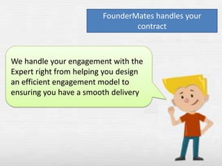 FounderMates handles your
contract

We handle your engagement with the
Expert right from helping you design
an efficient engagement model to
ensuring you have a smooth delivery

 