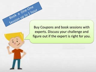 Buy Coupons and book sessions with
experts. Discuss your challenge and
figure out if the expert is right for you.

 