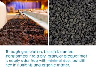 Through granulation, biosolids can be
transformed into a dry, granular product that
is nearly odor-free with minimal dust, but still
rich in nutrients and organic matter.
 