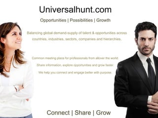 Universalhunt.com
Opportunities | Possibilities | Growth
Balancing global demand-supply of talent & opportunities across
countries, industries, sectors, companies and hierarchies.
Connect | Share | Grow
Common meeting place for professionals from allover the world.
We help you connect and engage better with purpose.
Share information, explore opportunities and grow faster.
 