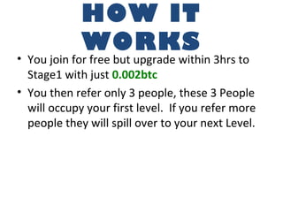 HOW IT
WORKS
• You join for free but upgrade within 3hrs to
Stage1 with just 0.002btc
• You then refer only 3 people, thes...