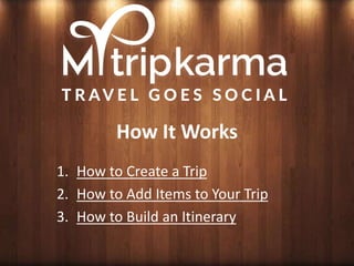 How It Works
1. How to Create a Trip
2. How to Add Items to Your Trip
3. How to Build an Itinerary
 