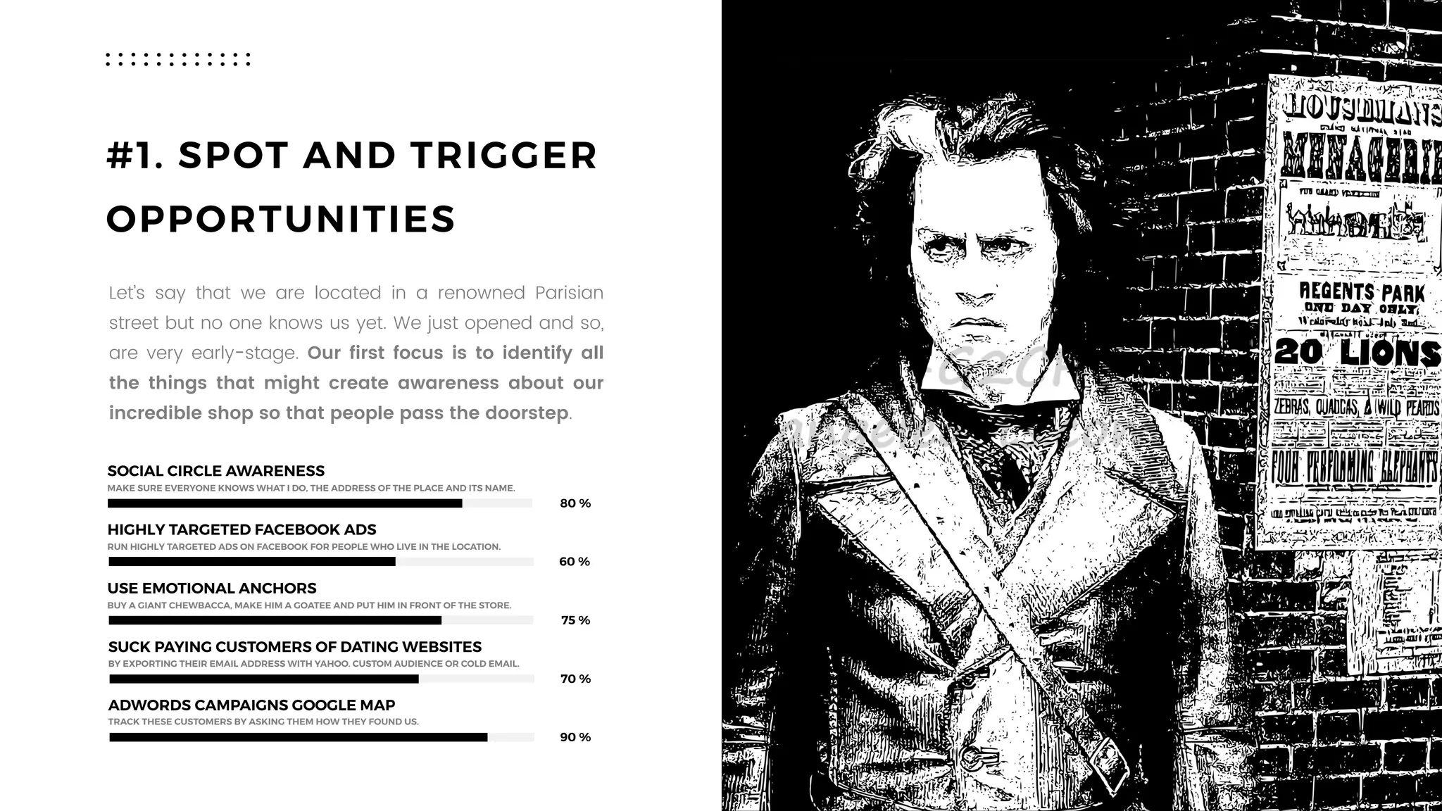 #1. SPOT AND TRIGGER
OPPORTUNITIES
Let’s say that we are located in a renowned Parisian
street but no one knows us yet. We just opened and so,
are very early-stage. Our first focus is to identify all
the things that might create awareness about our
incredible shop so that people pass the doorstep.
HIGHLY TARGETED FACEBOOK ADS
RUN HIGHLY TARGETED ADS ON FACEBOOK FOR PEOPLE WHO LIVE IN THE LOCATION.
USE EMOTIONAL ANCHORS
BUY A GIANT CHEWBACCA, MAKE HIM A GOATEE AND PUT HIM IN FRONT OF THE STORE.
SOCIAL CIRCLE AWARENESS
MAKE SURE EVERYONE KNOWS WHAT I DO, THE ADDRESS OF THE PLACE AND ITS NAME.
80 %
60 %
75 %
SUCK PAYING CUSTOMERS OF DATING WEBSITES
BY EXPORTING THEIR EMAIL ADDRESS WITH YAHOO. CUSTOM AUDIENCE OR COLD EMAIL.
70 %
ADWORDS CAMPAIGNS GOOGLE MAP
TRACK THESE CUSTOMERS BY ASKING THEM HOW THEY FOUND US.
90 %
 