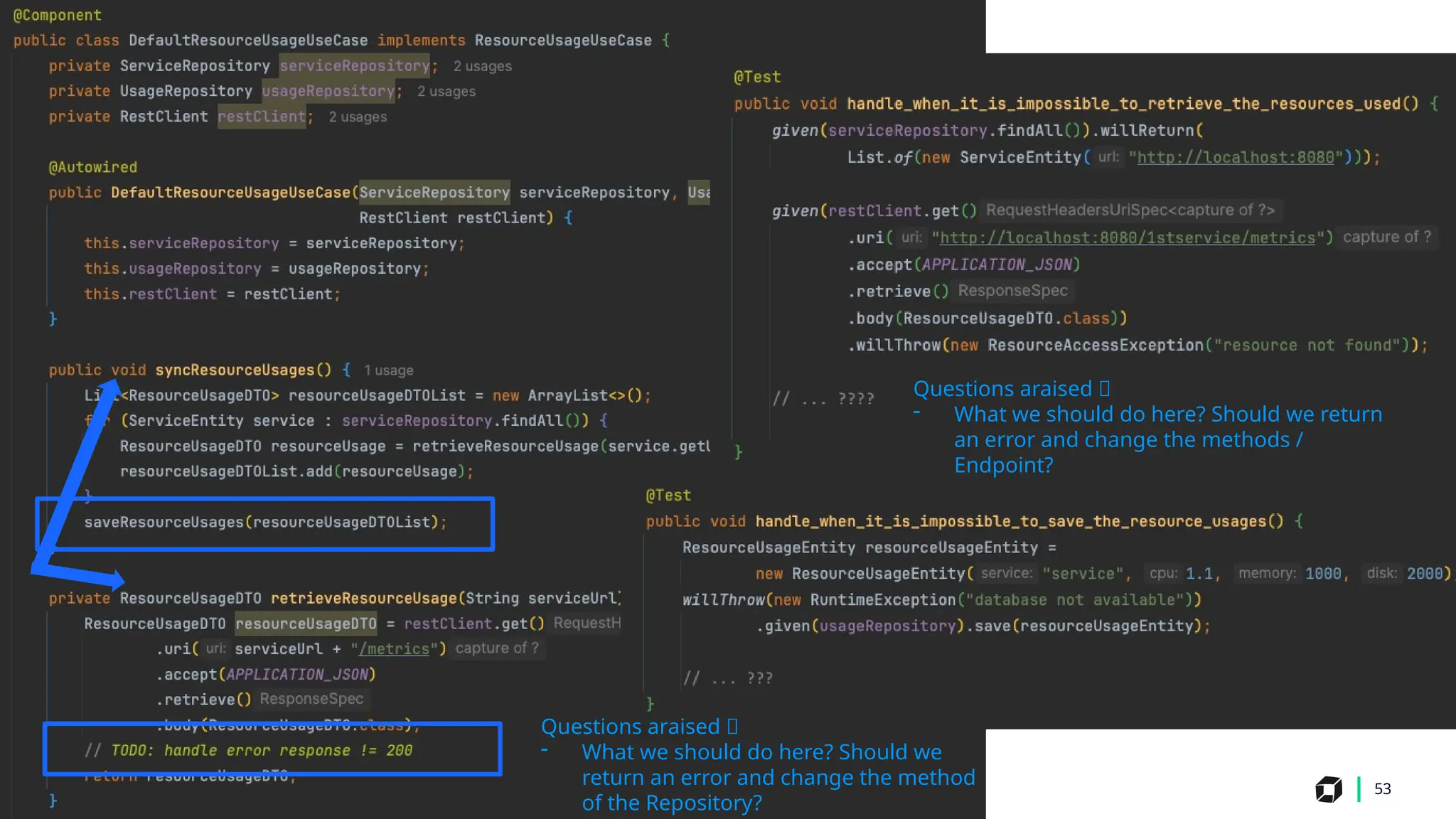 53
Questions araised 🤔
- What we should do here? Should we return
an error and change the methods /
Endpoint?
Questions araised 🤔
- What we should do here? Should we
return an error and change the method
of the Repository?
 