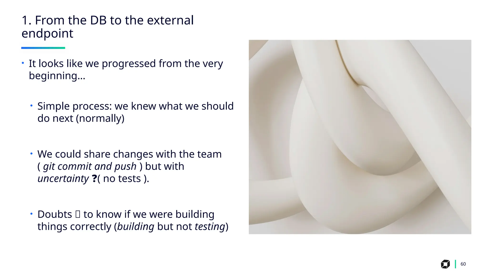 1. From the DB to the external
endpoint
60
• It looks like we progressed from the very
beginning…
• Simple process: we knew what we should
do next (normally)
• We could share changes with the team
( git commit and push ) but with
uncertainty ( no tests ).
❓
• Doubts 🤔 to know if we were building
things correctly (building but not testing)
 