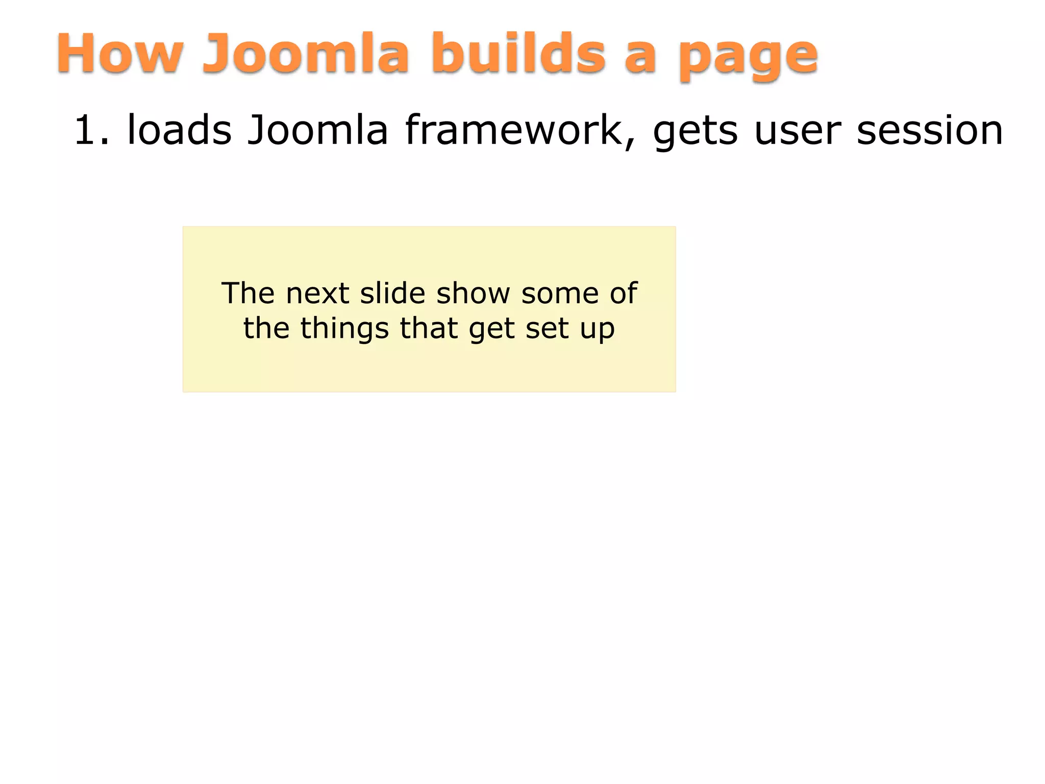 How Joomla builds a page
1. loads Joomla framework, gets user session
The next slide show some of
the things that get set up
 
