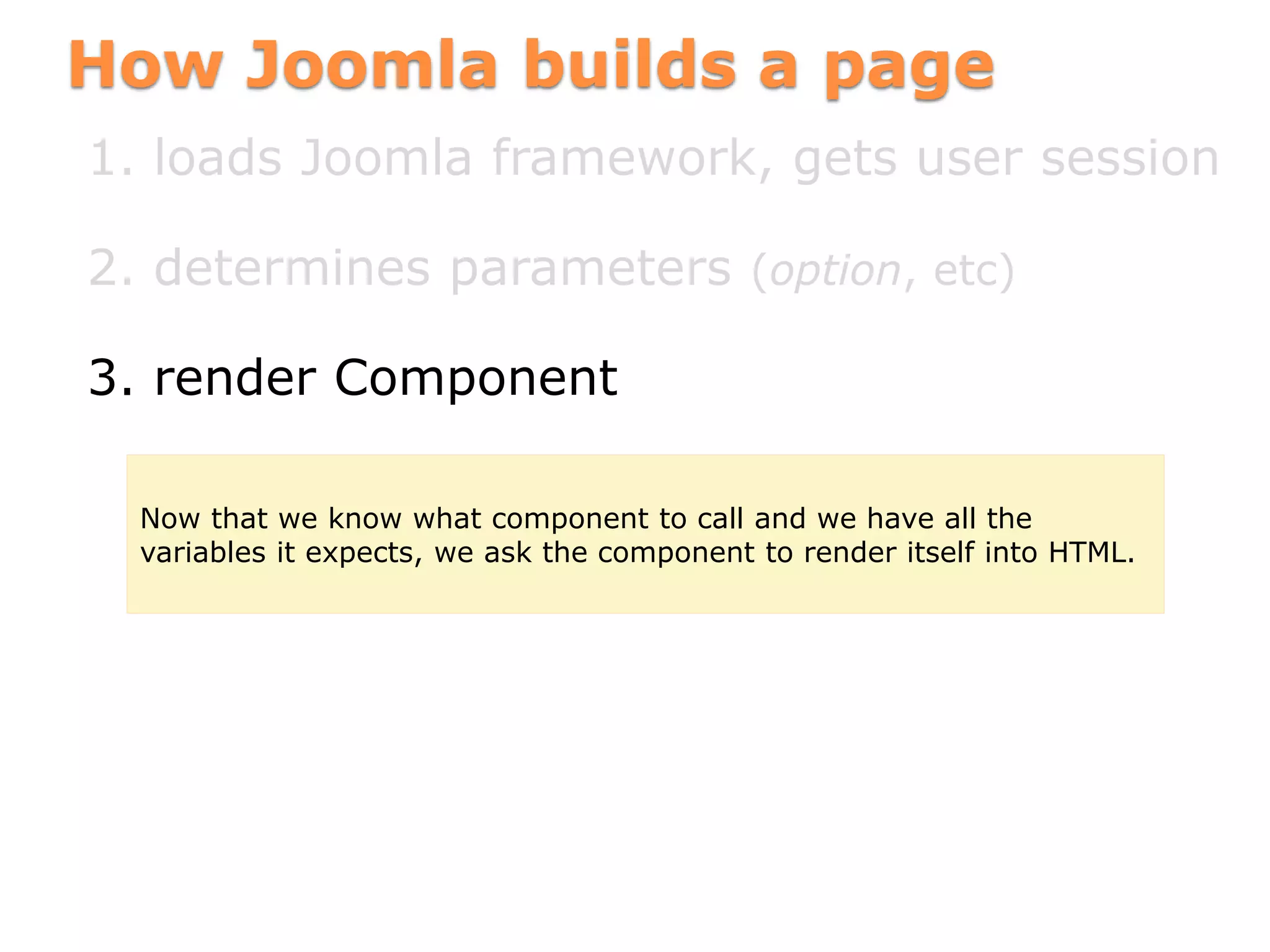 How Joomla builds a page
1. loads Joomla framework, gets user session
2. determines parameters (option, etc)
3. render Component
Now that we know what component to call and we have all the
variables it expects, we ask the component to render itself into HTML.
 