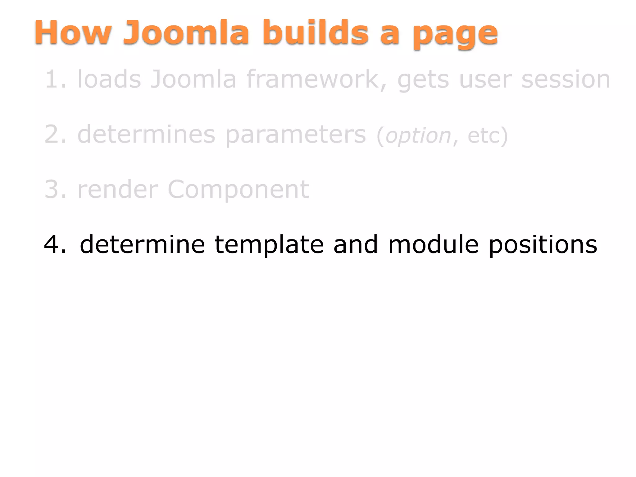 How Joomla builds a page
1. loads Joomla framework, gets user session
2. determines parameters (option, etc)
3. render Component
4. determine template and module positions
 