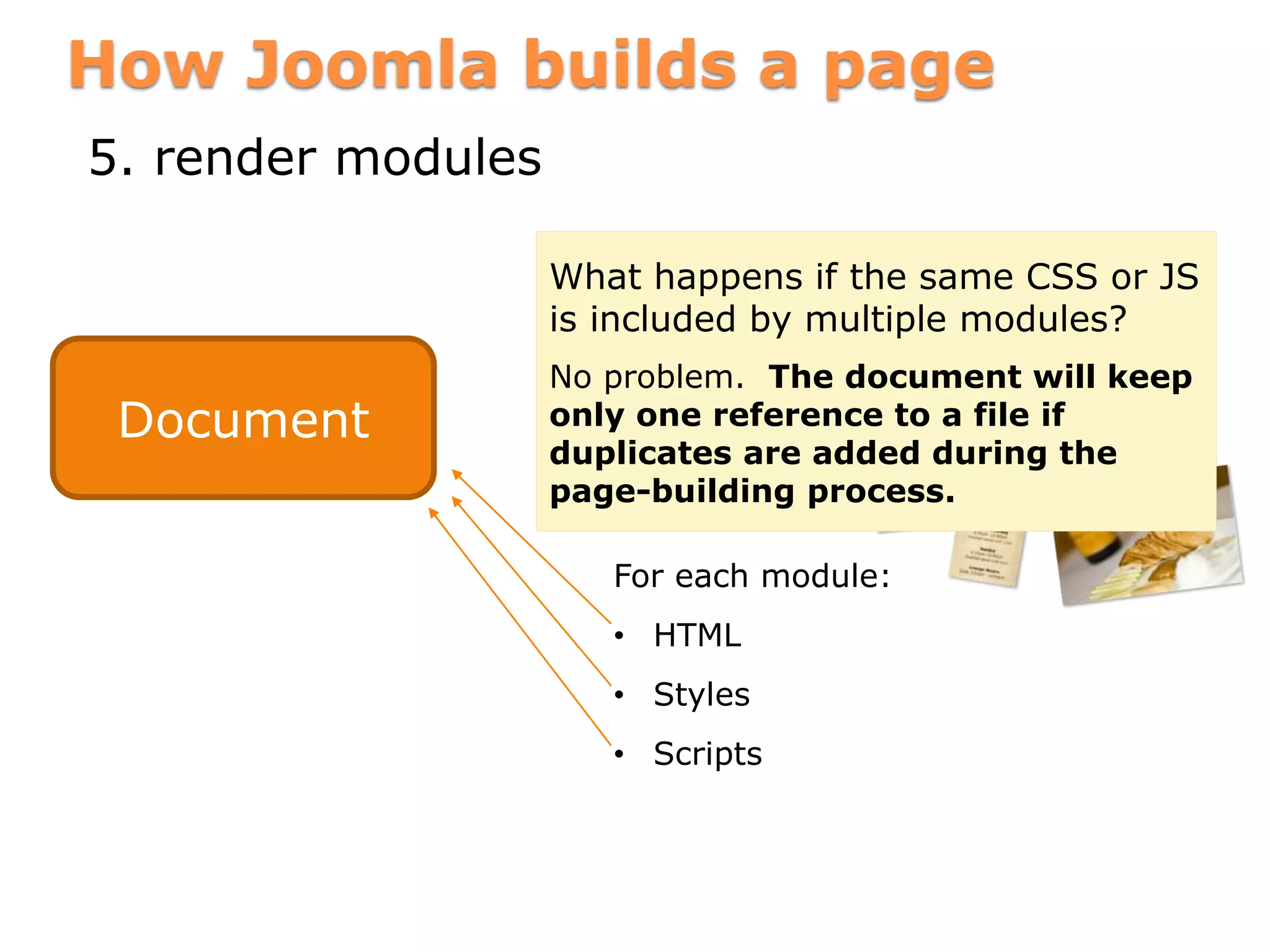 How Joomla builds a page
5. render modules
Document • modules HTML
For each module:
• HTML
• Styles
• Scripts
What happens if the same CSS or JS
is included by multiple modules?
No problem. The document will keep
only one reference to a file if
duplicates are added during the
page-building process.
 