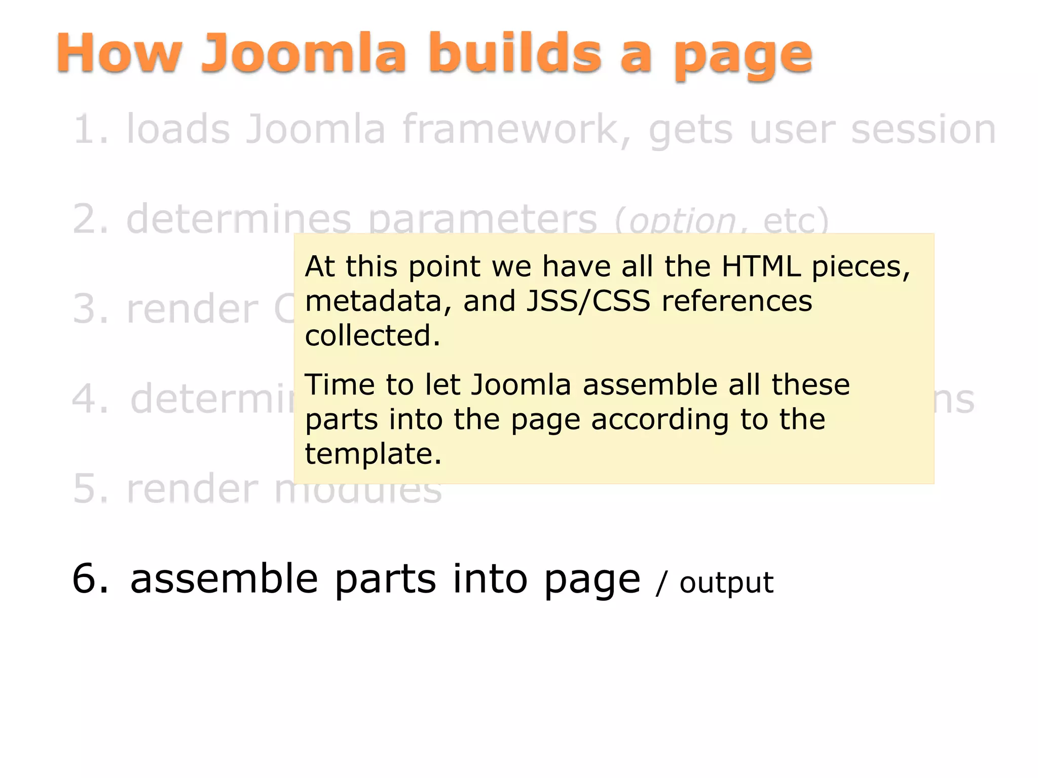 How Joomla builds a page
1. loads Joomla framework, gets user session
2. determines parameters (option, etc)
3. render Component
4. determine template and module positions
5. render modules
6. assemble parts into page / output
At this point we have all the HTML pieces,
metadata, and JSS/CSS references
collected.
Time to let Joomla assemble all these
parts into the page according to the
template.
 
