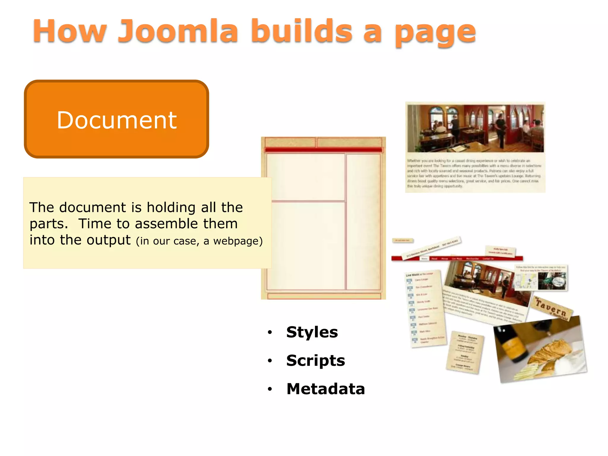 How Joomla builds a page
Document
• Styles
• Scripts
• Metadata
The document is holding all the
parts. Time to assemble them
into the output (in our case, a webpage)
 