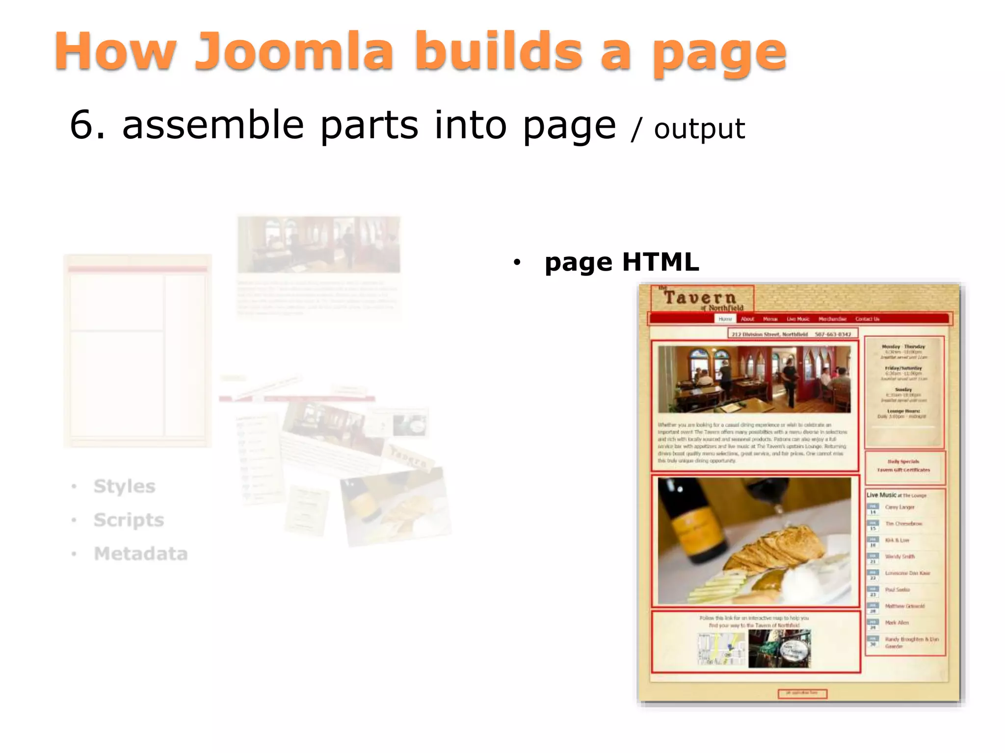 How Joomla builds a page
6. assemble parts into page / output
• page HTML
 