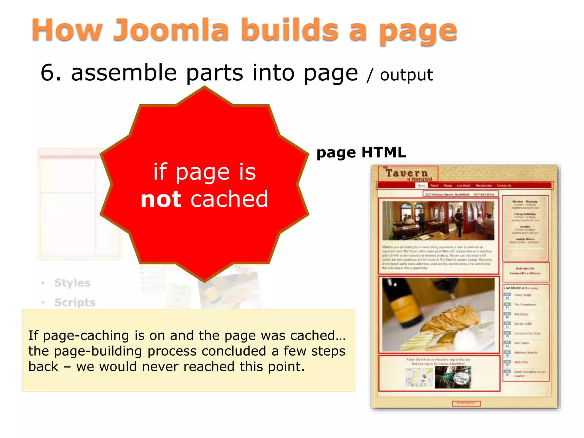 How Joomla builds a page
6. assemble parts into page / output
• page HTML
if page is
not cached
If page-caching is on and the page was cached…
the page-building process concluded a few steps
back – we would never reached this point.
 