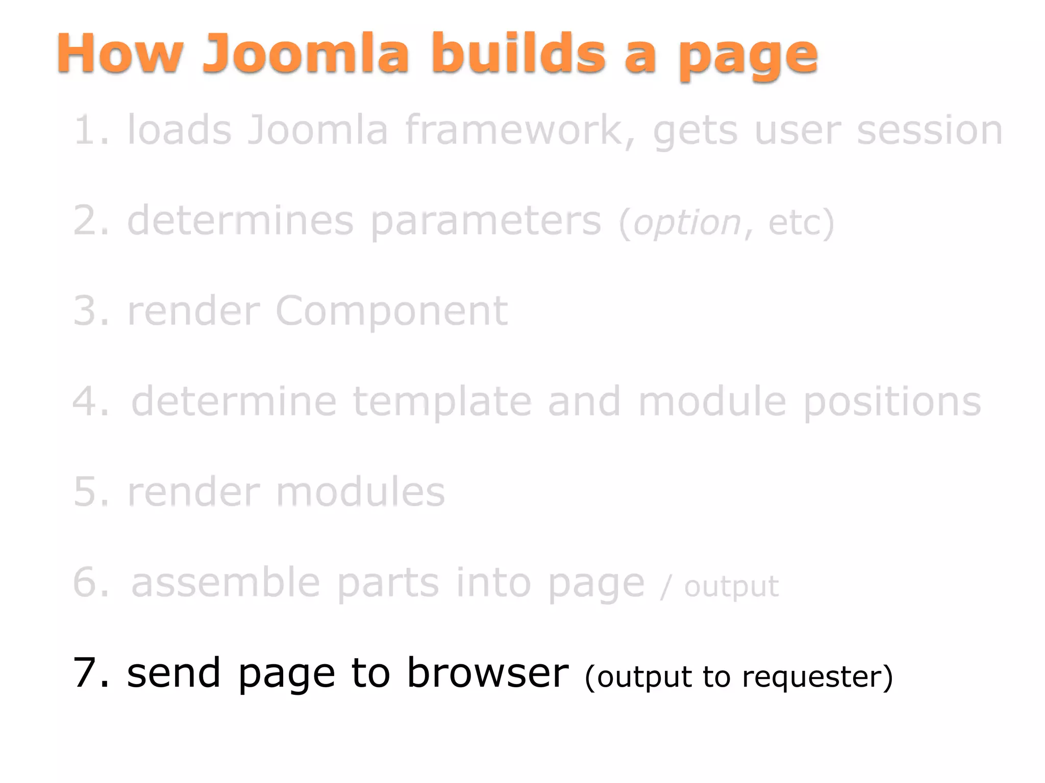 How Joomla builds a page
1. loads Joomla framework, gets user session
2. determines parameters (option, etc)
3. render Component
4. determine template and module positions
5. render modules
6. assemble parts into page / output
7. send page to browser (output to requester)
 