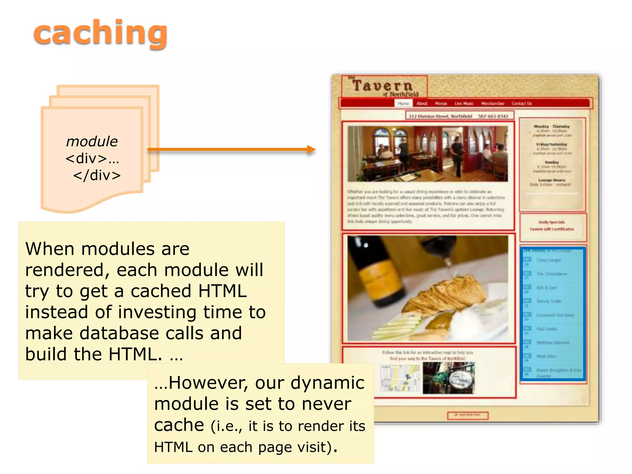 caching
module
<div>…
</div>
When modules are
rendered, each module will
try to get a cached HTML
instead of investing time to
make database calls and
build the HTML. …
…However, our dynamic
module is set to never
cache (i.e., it is to render its
HTML on each page visit).
 