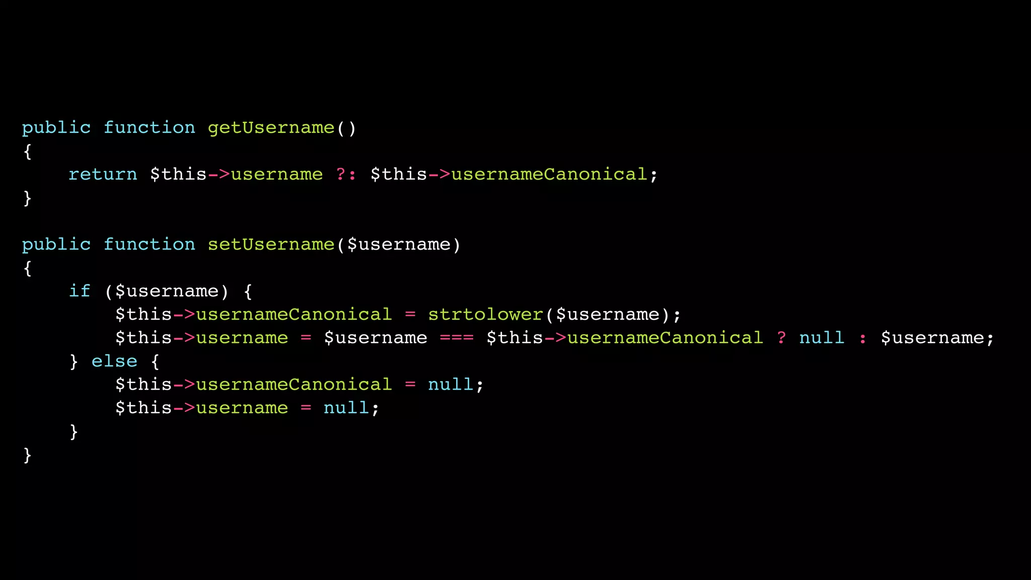 public function getUsername()
{
    return $this->username ?: $this->usernameCanonical;
}

public function setUsername($username)
{
    if ($username) {
        $this->usernameCanonical = strtolower($username);
        $this->username = $username === $this->usernameCanonical ? null : $username;
    } else {
        $this->usernameCanonical = null;
        $this->username = null;
    }
}
 