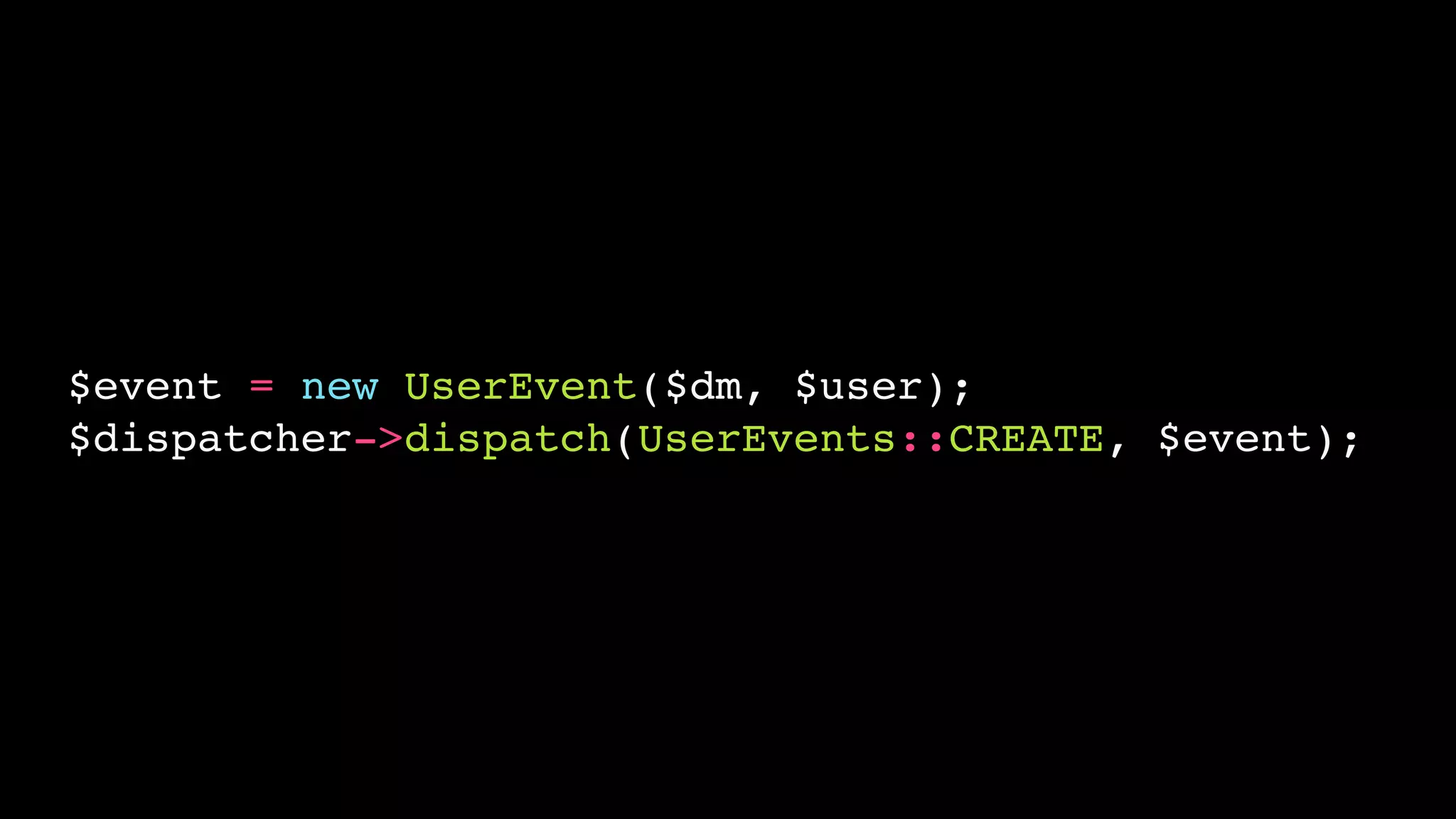 $event = new UserEvent($dm, $user);
$dispatcher->dispatch(UserEvents::CREATE, $event);
 