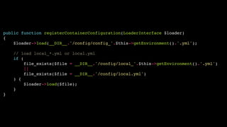 public function registerContainerConfiguration(LoaderInterface $loader)!
{!
$loader->load(__DIR__.'/config/config_'.$this->getEnvironment().'.yml');!
!
// load local_*.yml or local.yml!
if (!
file_exists($file = __DIR__.'/config/local_'.$this->getEnvironment().'.yml')!
||!
file_exists($file = __DIR__.'/config/local.yml')!
) {!
$loader->load($file);!
}!
}

 
