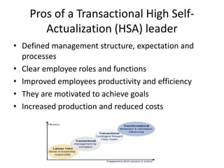 Pros of a Transactional High Self-
Actualization (HSA) leader
• Defined management structure, expectation and
processes
• Clear employee roles and functions
• Improved employees productivity and efficiency
• They are motivated to achieve goals
• Increased production and reduced costs
 