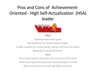 Pros and Cons of Achievement-
Oriented - High Self-Actualization (HSA)
leader
PROS
Communicate clear goals
Set deadlines for performance targets
Leader visibility to coach, guide, advice and help the teams
Rewards tie to performance
Cons
Focus more on the task than the concerns of the team
Tendency to push the team too hard to produce results
May cause burnt out and high labor turnover.
 