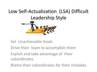 Low Self-Actualization (LSA) Difficult
Leadership Style
Set Unachievable Goals
Drive their team to accomplish them
Exploit and take advantage of their
subordinates
Blame their subordinates for their mistakes
 
