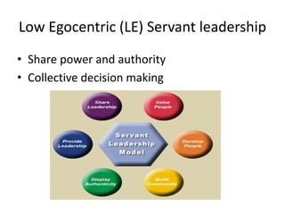 Low Egocentric (LE) Servant leadership
• Share power and authority
• Collective decision making
 