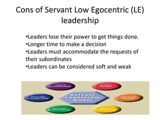 Cons of Servant Low Egocentric (LE)
leadership
•Leaders lose their power to get things done.
•Longer time to make a decision
•Leaders must accommodate the requests of
their subordinates
•Leaders can be considered soft and weak
 