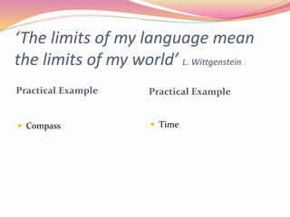 ‘The limits of my language mean
the limits of my world’ L. Wittgenstein
Practical Example Practical Example
 Compass  Time
 