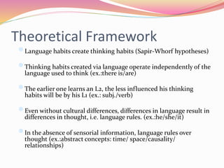 Theoretical Framework
Language habits create thinking habits (Sapir-Whorf hypotheses)
Thinking habits created via language operate independently of the
language used to think (ex.:there is/are)
The earlier one learns an L2, the less influenced his thinking
habits will be by his L1 (ex.: subj./verb)
Even without cultural differences, differences in language result in
differences in thought, i.e. language rules. (ex.:he/she/it)
In the absence of sensorial information, language rules over
thought (ex.:abstract concepts: time/ space/causality/
relationships)
 