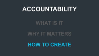 WHAT IS IT
ACCOUNTABILITY
WHY IT MATTERS
HOW TO CREATE
 