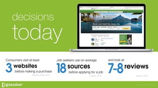 © Glassdoor, Inc. 2016
Job seekers use on average 
before applying for a job
(Inavero, 2015)
Consumers visit at least
befo...