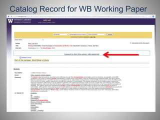Catalog Record for WB Working Paper 
 