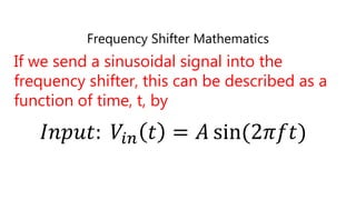Frequency Shifter Mathematics
If we send a sinusoidal signal into the
frequency shifter, this can be described as a
function of time, t, by
𝐼𝑛𝑝𝑢𝑡: 𝑉𝑖𝑛 𝑡 = 𝐴 sin(2𝜋𝑓𝑡)
 
