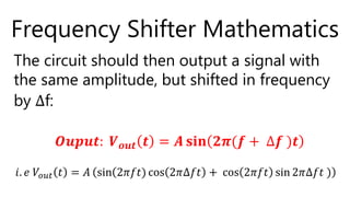 Frequency Shifter Mathematics
𝑶𝒖𝒑𝒖𝒕: 𝑽 𝒐𝒖𝒕 𝒕 = 𝑨 𝐬𝐢𝐧 𝟐𝝅(𝒇 + ∆𝒇 )𝒕
The circuit should then output a signal with
the same amplitude, but shifted in frequency
by ∆f:
𝑖. 𝑒 𝑉𝑜𝑢𝑡 𝑡 = 𝐴 (sin 2𝜋𝑓𝑡) cos 2𝜋∆𝑓𝑡 + cos 2𝜋𝑓𝑡 sin 2𝜋∆𝑓𝑡 )
 