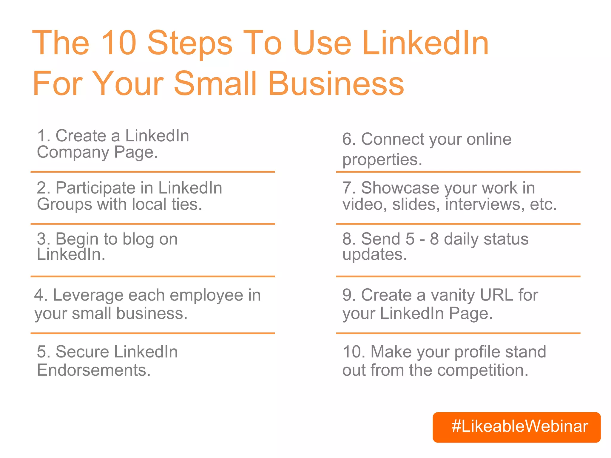 #LikeableWebinar
The 10 Steps To Use LinkedIn
For Your Small Business
1. Create a LinkedIn
Company Page.
3. Begin to blog on
LinkedIn.
6. Connect your online
properties.
7. Showcase your work in
video, slides, interviews, etc.
8. Send 5 - 8 daily status
updates.
2. Participate in LinkedIn
Groups with local ties.
4. Leverage each employee in
your small business.
5. Secure LinkedIn
Endorsements.
9. Create a vanity URL for
your LinkedIn Page.
10. Make your profile stand
out from the competition.
 