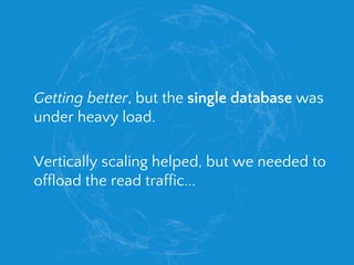 Getting better, but the single database was
under heavy load.
Vertically scaling helped, but we needed to
offload the read traffic...
 