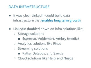 ● It was clear LinkedIn could build data
infrastructure that enables long term growth
● LinkedIn doubled down on infra solutions like:
○ Storage solutions
■ Espresso, Voldemort, Ambry (media)
○ Analytics solutions like Pinot
○ Streaming solutions
■ Kafka, Databus, and Samza
○ Cloud solutions like Helix and Nuage
DATA INFRASTRUCTURE
 