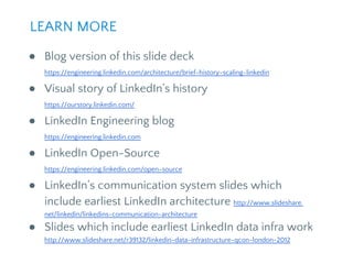 ● Blog version of this slide deck
https://engineering.linkedin.com/architecture/brief-history-scaling-linkedin
● Visual story of LinkedIn’s history
https://ourstory.linkedin.com/
● LinkedIn Engineering blog
https://engineering.linkedin.com
● LinkedIn Open-Source
https://engineering.linkedin.com/open-source
● LinkedIn’s communication system slides which
include earliest LinkedIn architecture http://www.slideshare.
net/linkedin/linkedins-communication-architecture
● Slides which include earliest LinkedIn data infra work
http://www.slideshare.net/r39132/linkedin-data-infrastructure-qcon-london-2012
LEARN MORE
 